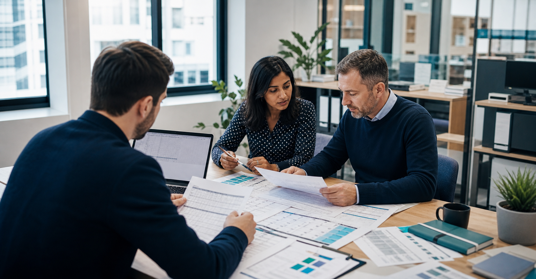 Payroll professionals reviewing pay schedules, payslip reports and approval records